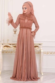 Marron Jaunatre - Tesettürlü Abiye Elbise - Robe de Soirée Hijab - 39850TB - Thumbnail