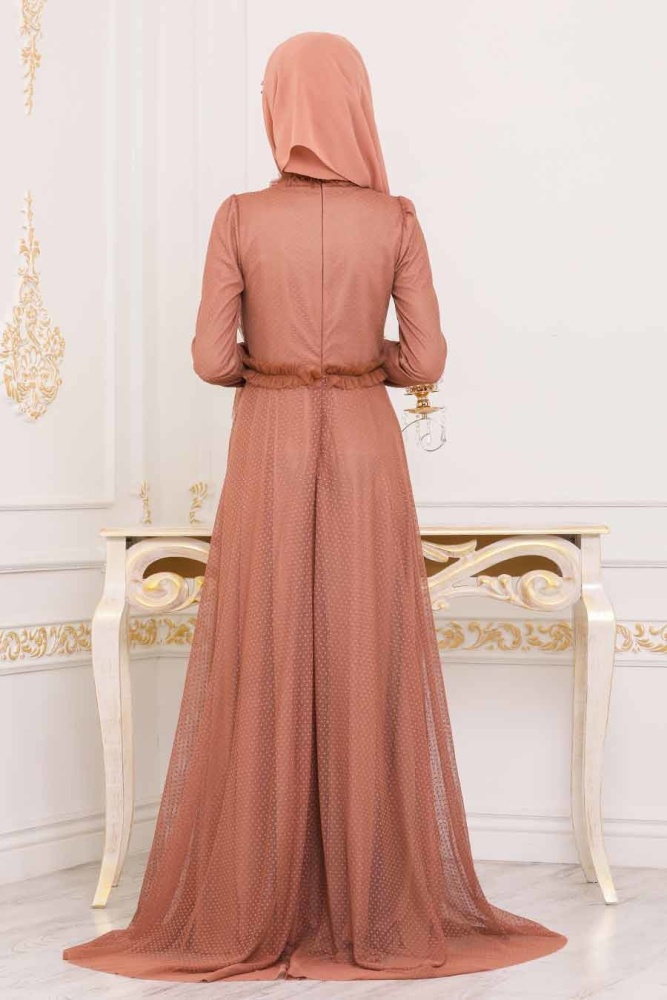 Marron Jaunatre - Tesettürlü Abiye Elbise - Robe de Soirée Hijab - 39850TB - 2