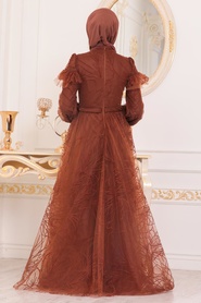 Marron Jaunatre-Tesettürlü Abiye Elbise-Robes de Soirée-41090TB - Thumbnail