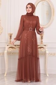 Marron Jaunatre-- Tesettürlü Abiye Elbise - Robes de Soirée Hijab - 40431TB - Thumbnail