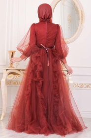 Marron Jaunatre- Tesettürlü Abiye Elbise - Robes de Soirée Hijab - 40820TB - Thumbnail