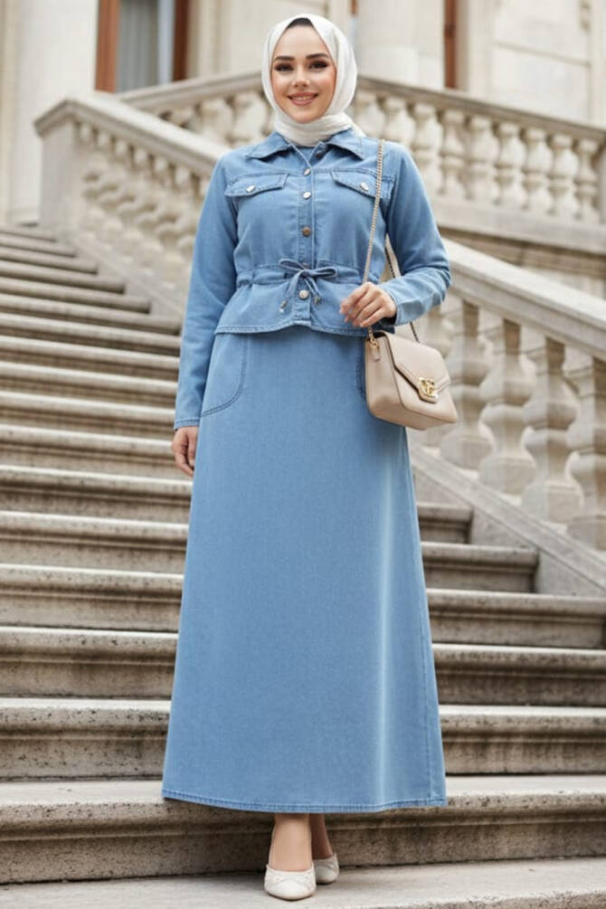 Mavi Tesettür Kot Elbiseli İkili Takım 44652M - 1