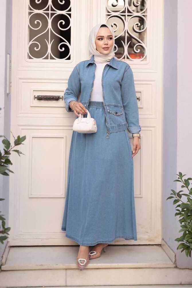 Mavi Tesettür Kot İkili Takım 44752M - 3