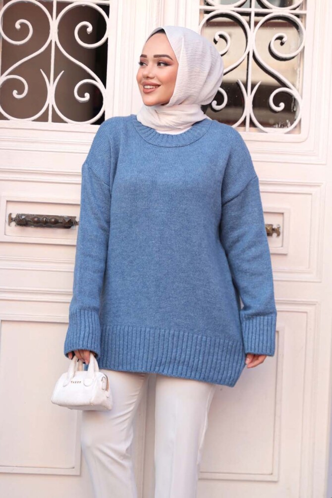 Mavi Tesettür Triko Kazak Tunik 55551M - N.S NEVA STYLE