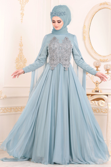 Menthe-Tesettürlü Abiye Elbise - Robe de Soirée Hijab 3626MINT