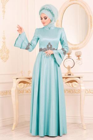 Menthe-Tesettürlü Abiye Elbise - Robe de Soirée Hijab 36970MINT - 1