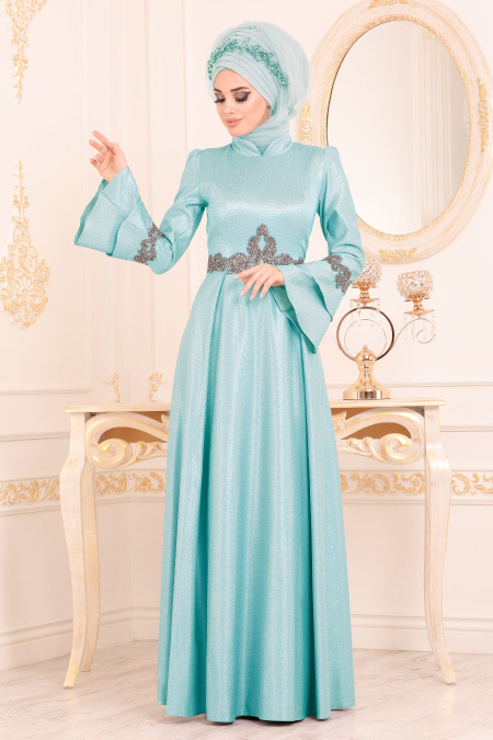 Menthe-Tesettürlü Abiye Elbise - Robe de Soirée Hijab 36970MINT