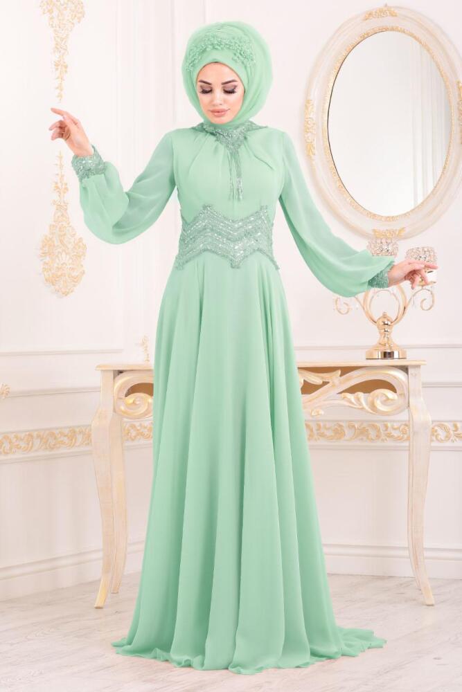 Menthe- Tesettürlü Abiye Elbise - Robe de Soirée Hijab 4678MINT - 1