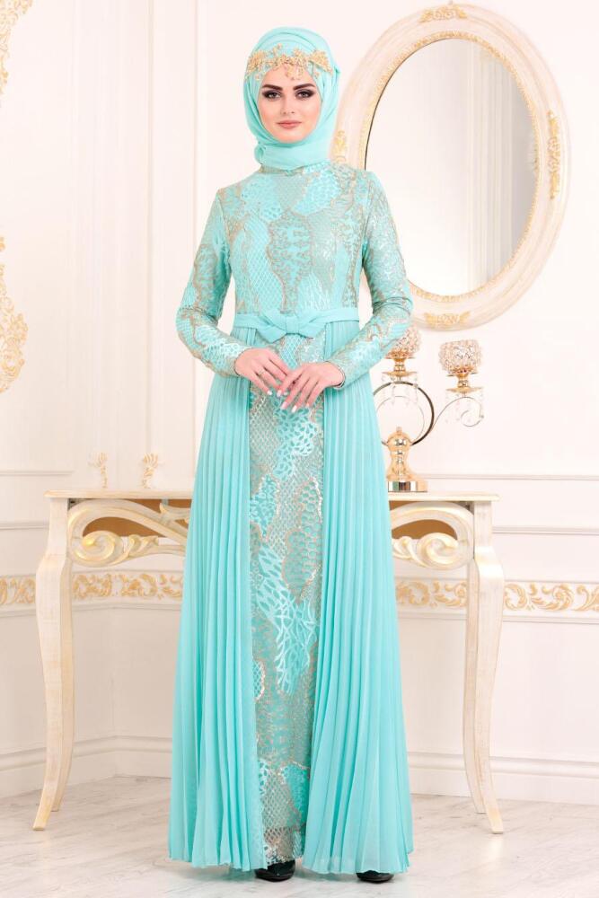 Menthe - Tesettürlü Abiye Elbise - Robe de Soirée Hijab - 8384MINT - 1