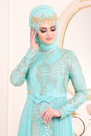 Menthe - Tesettürlü Abiye Elbise - Robe de Soirée Hijab - 8384MINT - Thumbnail