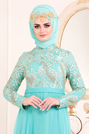 Menthe - Tesettürlü Abiye Elbise - Robe de Soirée Hijab - 8495MINT - Thumbnail