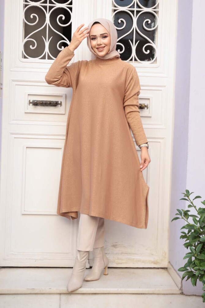 Merserize Bisküvi Tesettür Triko Panço Tunik 56401BS - N.S NEVA STYLE