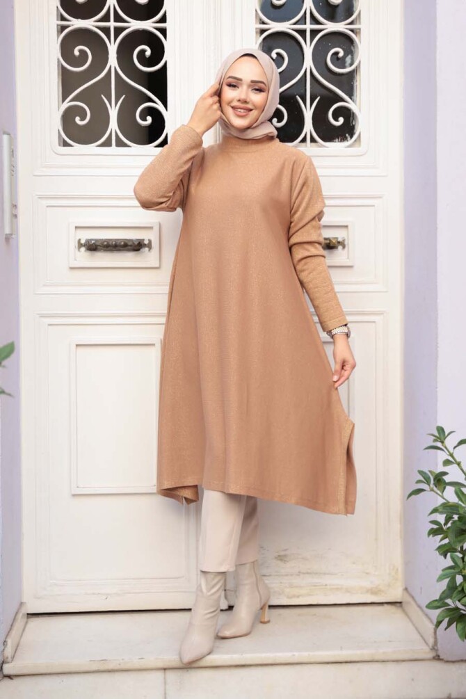 Merserize Bisküvi Tesettür Triko Panço Tunik 56401BS - 2