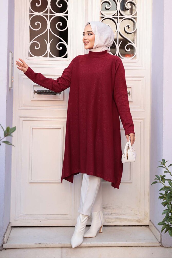 Merserize Bordo Tesettür Triko Panço Tunik 56401BR - 2