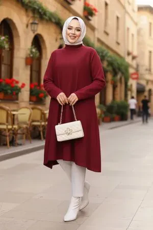 Merserize Bordo Tesettür Triko Panço Tunik 56401BR - 1