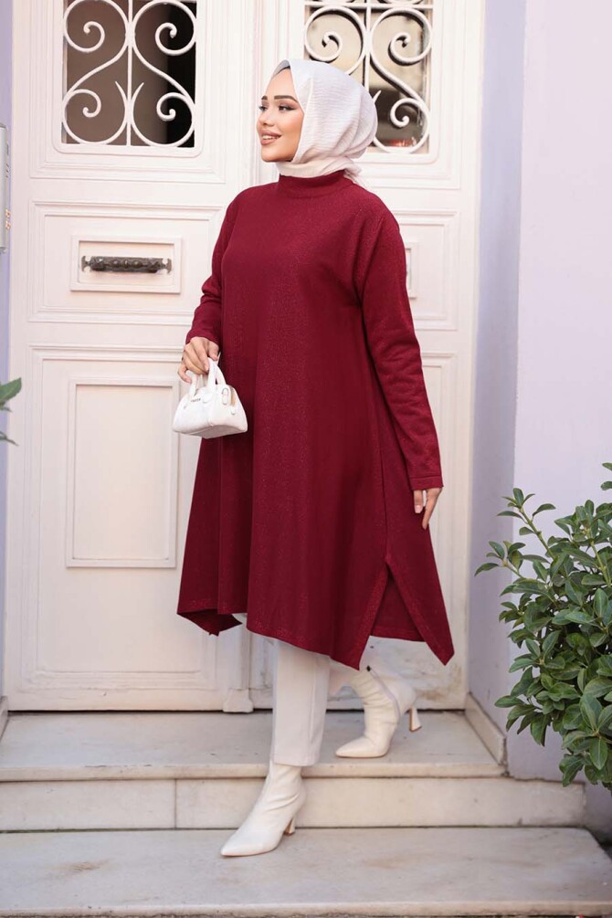 Merserize Bordo Tesettür Triko Panço Tunik 56401BR - N.S NEVA STYLE
