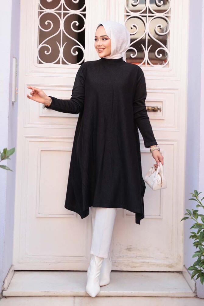 Merserize Siyah Tesettür Triko Panço Tunik 56401S - 2