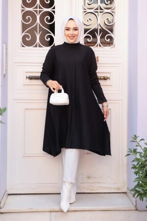 Merserize Siyah Tesettür Triko Panço Tunik 56401S - 3