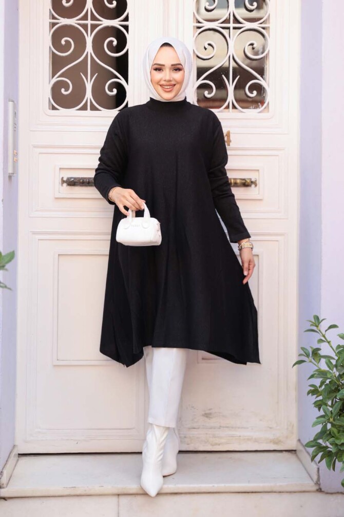 Merserize Siyah Tesettür Triko Panço Tunik 56401S - 3