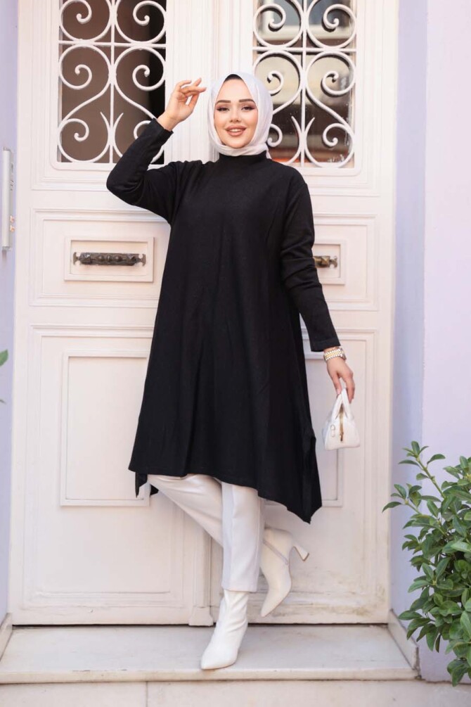 Merserize Siyah Tesettür Triko Panço Tunik 56401S - 1