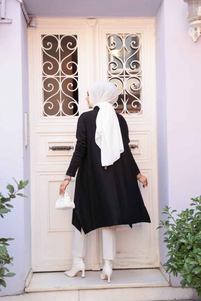 Merserize Siyah Tesettür Triko Panço Tunik 56401S - 4