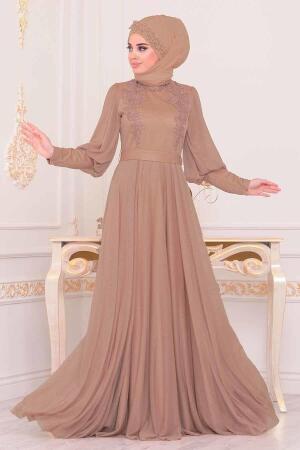 Mink Color Hijab Evening Dress 3927V - 1