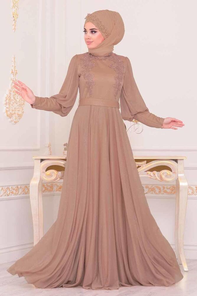 Mink Color Hijab Evening Dress 3927V - 1