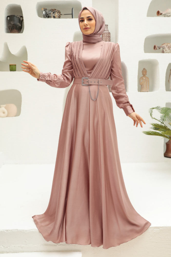 Neva Style - Long Sleeve Mink Islamic Long Sleeve Maxi Dress 3454V - 1