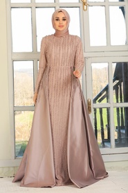 Mink Hijab Evening Dress 7600V - Thumbnail