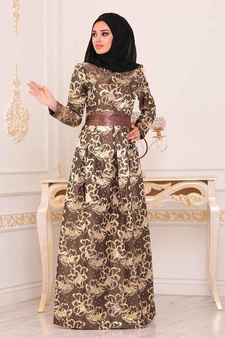 Mink Hijab Evening Dress 82458SV