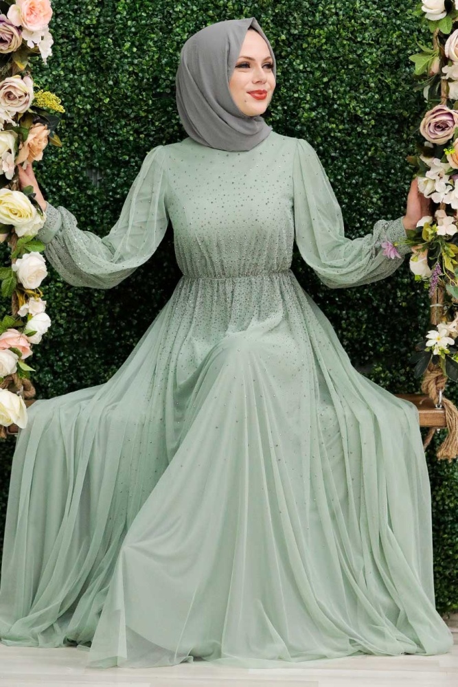 Mint Hijab Evening Dress 21501MINT - 2