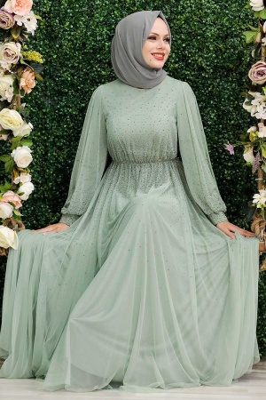 Mint Hijab Evening Dress 21501MINT - 1