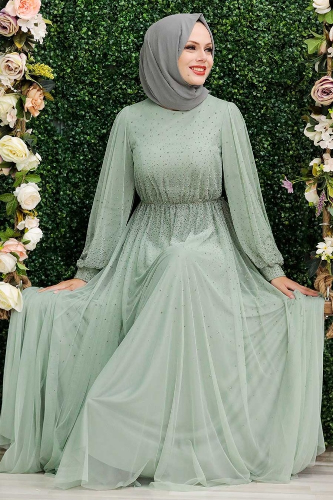 Mint Hijab Evening Dress 21501MINT - 1