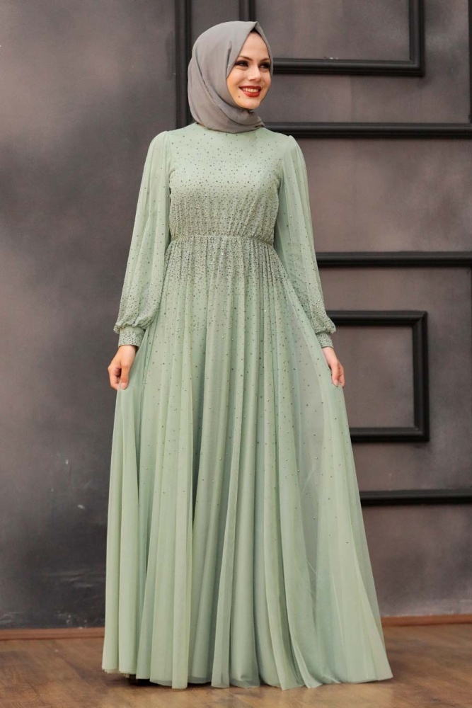 Mint Hijab Evening Dress 21501MINT - 3
