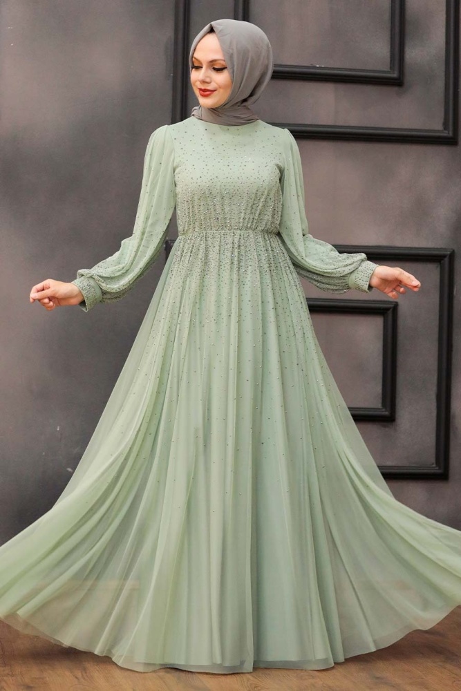 Mint Hijab Evening Dress 21501MINT - 5