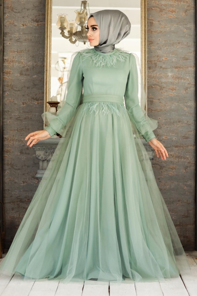 Mint Hijab Evening Dress 21720MINT - 1