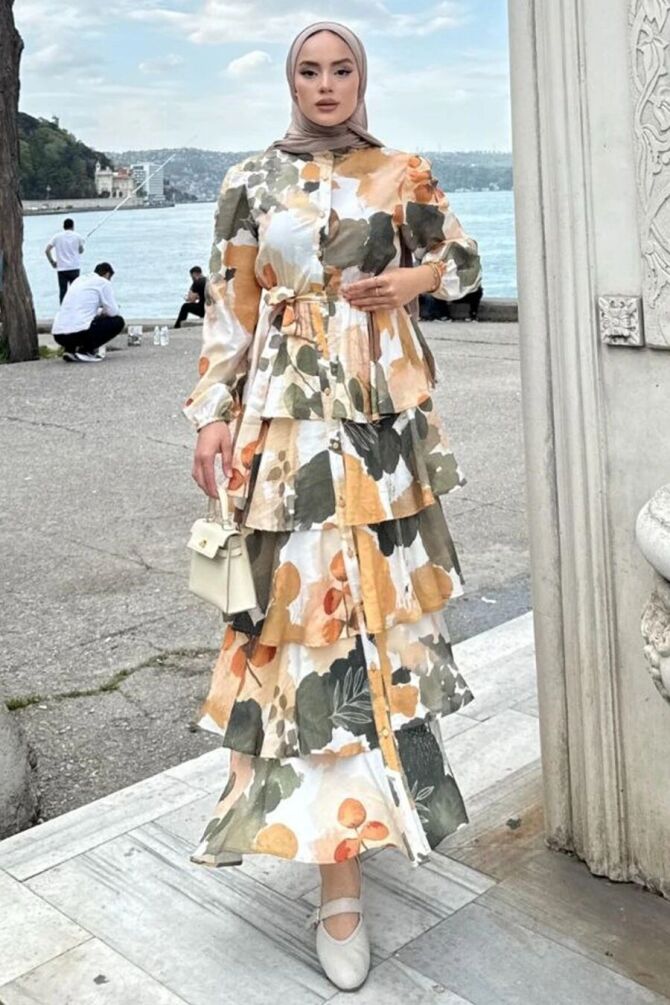 Modal Khaki Kat Kat Ruffle Floral Modest Dress 95714HK - 1