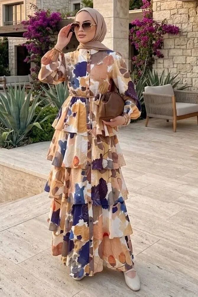 Modal Navy Blue Kat Kat Ruffle Floral Modest Dress 95714L - 1