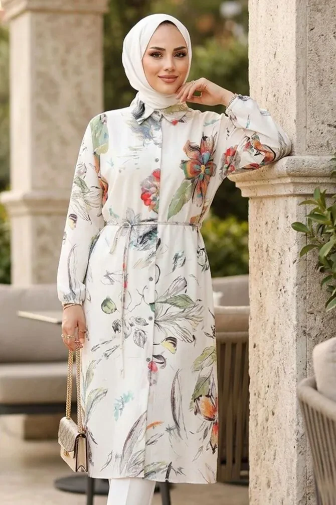 Modal Patterned Oil Green Modest Tunic 95731YY - 1