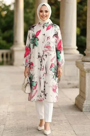 Modal Patterned Red Modest Tunic 95731K - 1