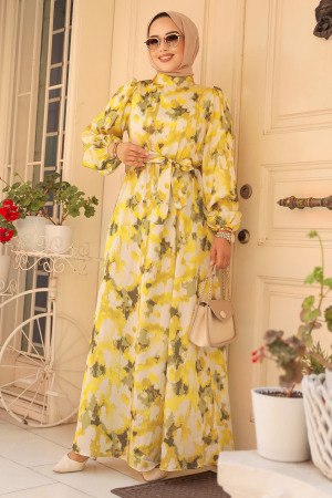 Modest Acidic Yellow Maxi Dress 23423AS - 1