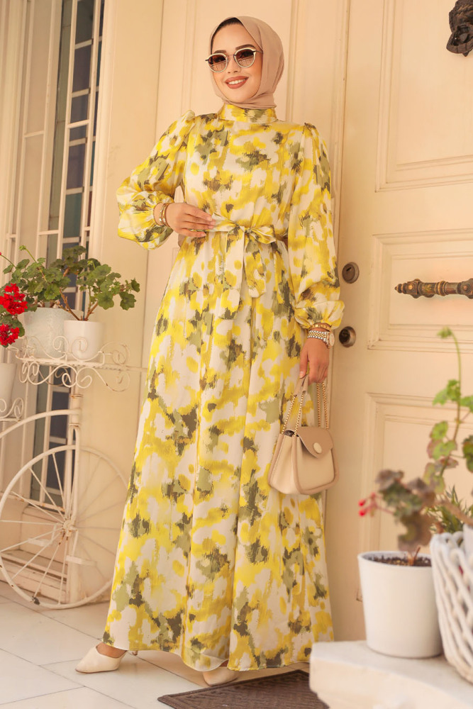Modest Acidic Yellow Maxi Dress 23423AS - 1