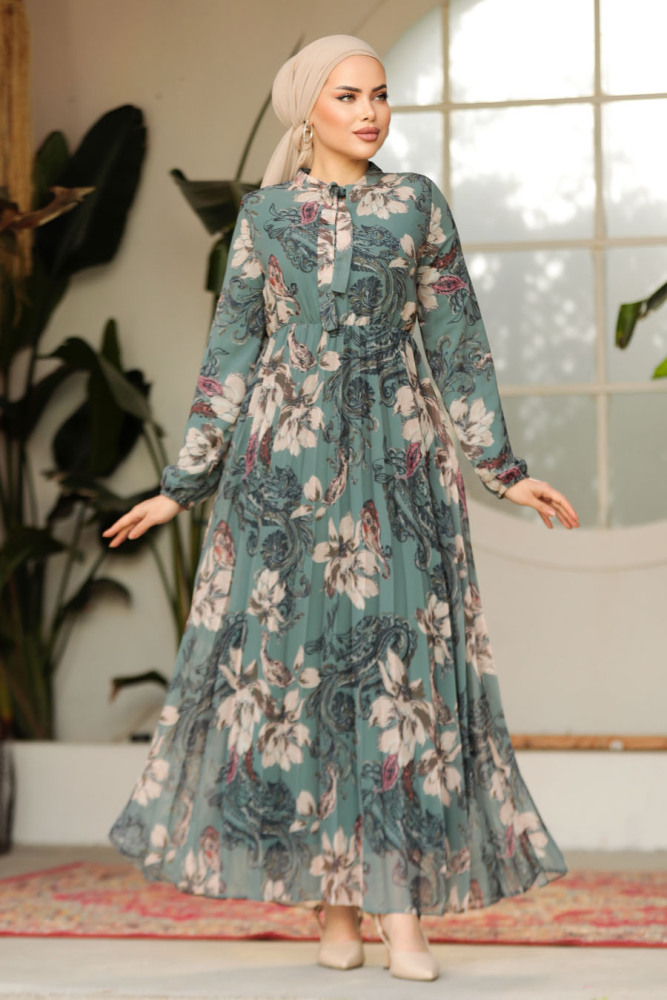 Modest Almond Green Chiffon Floral Dresses 50355CY - 2