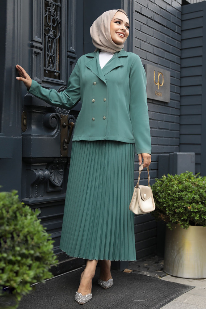 Modest Almond Green Dual Skirt Suit 12601CY - 2