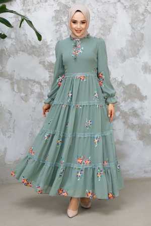 Modest Almond Green Floral Long Dress 32815CY - 1