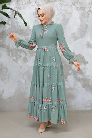 Modest Almond Green Floral Long Dress 32815CY - 3