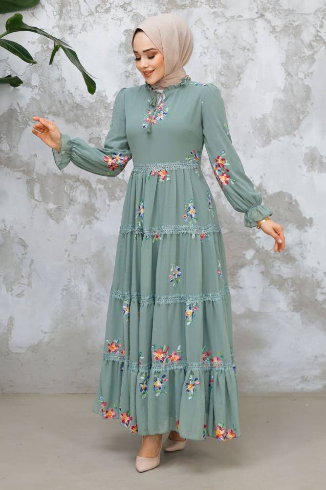 Modest Almond Green Floral Long Dress 32815CY - 3