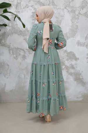 Modest Almond Green Floral Long Dress 32815CY - 4