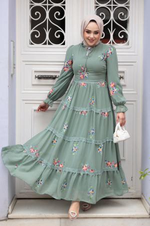 Modest Almond Green Floral Long Dress 32815CY 