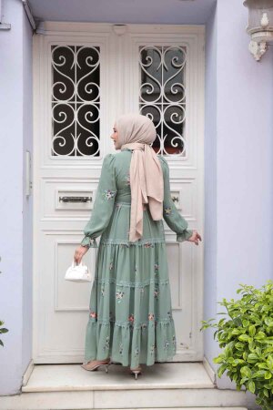 Modest Almond Green Floral Long Dress 32815CY - 3